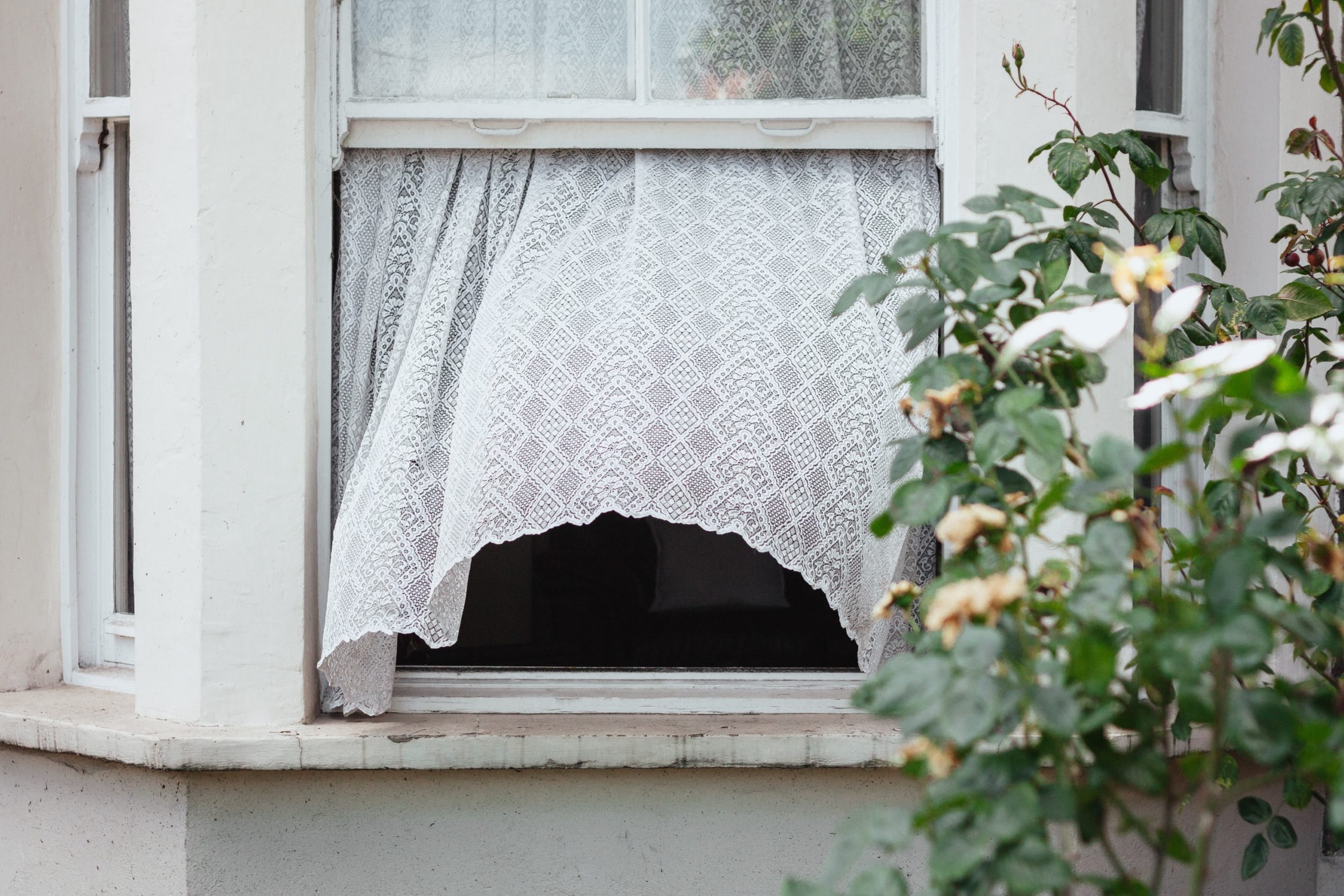 A window with white trim is open and a white, lace curtain is blowing in the wind.